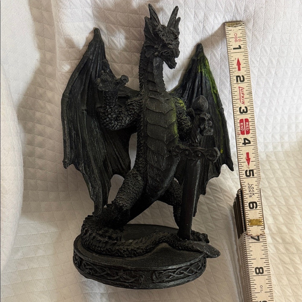 8" Gothic Black Dragon Figurine - Resin Statue with Medieval Sword & Celtic Base